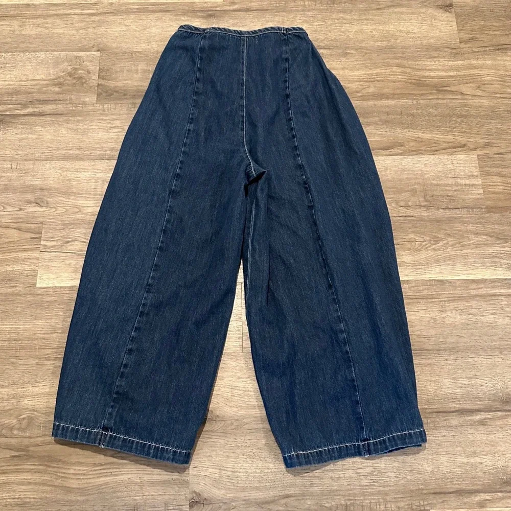 Free People We The Free Wide Leg Wrap Pant Denim Jeans Tie Waist Sz 27 Dark Wash